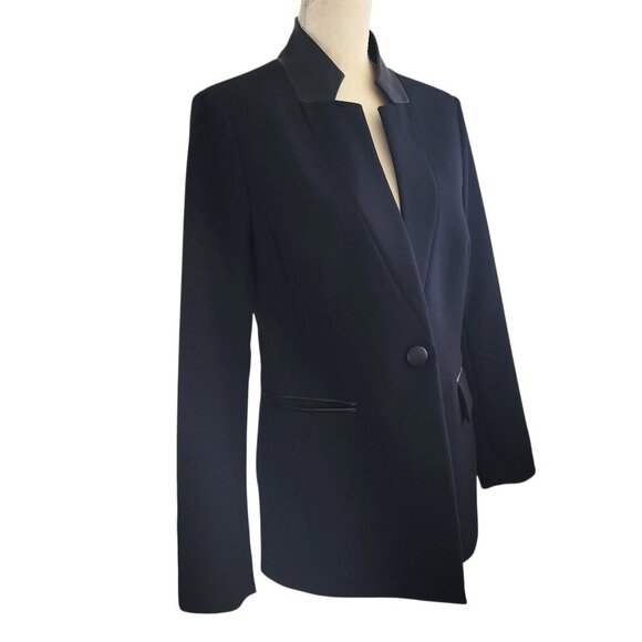 St. John Leather Trim Collared Black Blazer Single Breasted Blazer Sz. 6 - Picture 5 of 15